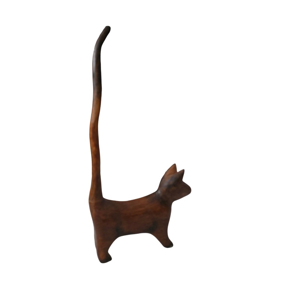 Vintage Hand Carved Wood Cat Figurine Long‎ Tail Folk Art Brown 11.5" Decor